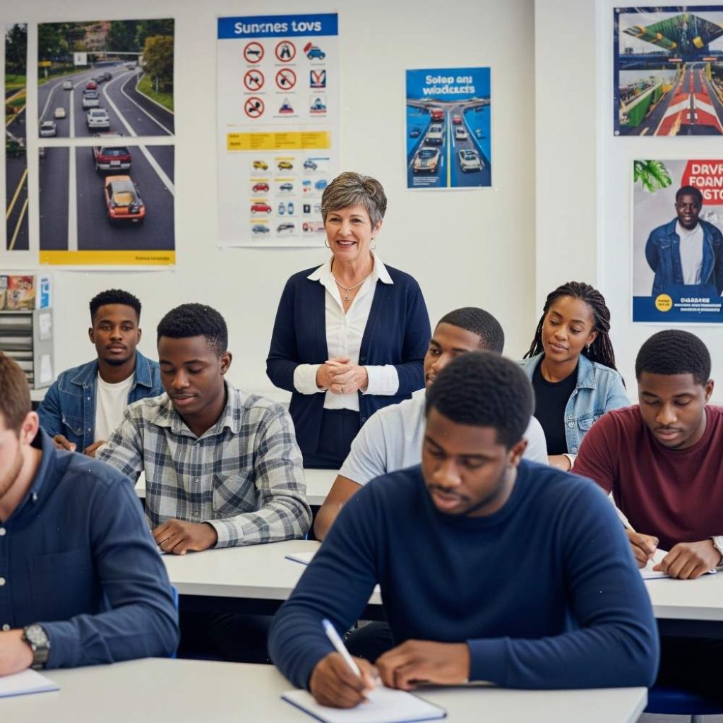 Students attending a driving theory class with instructor — driving classes near me.