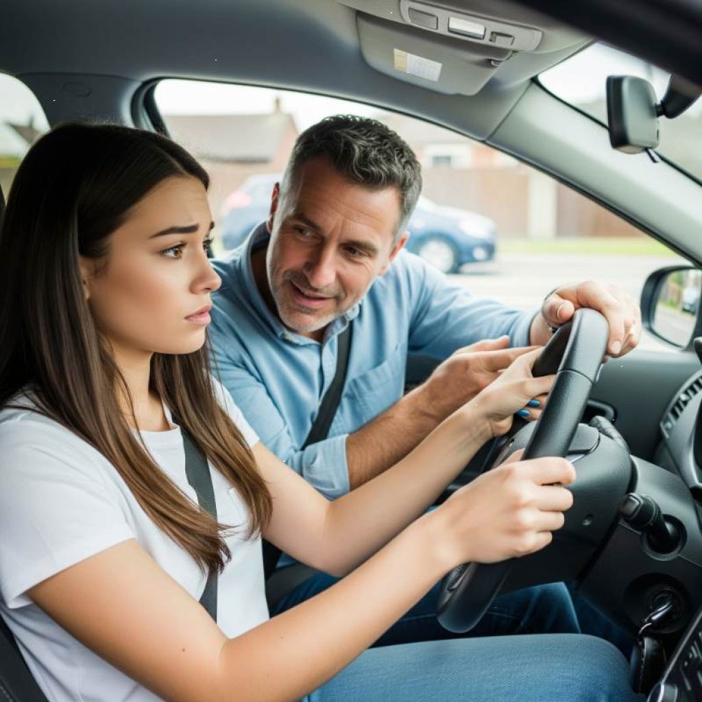 Teen learning to drive with instructor during driving classes in Arlington