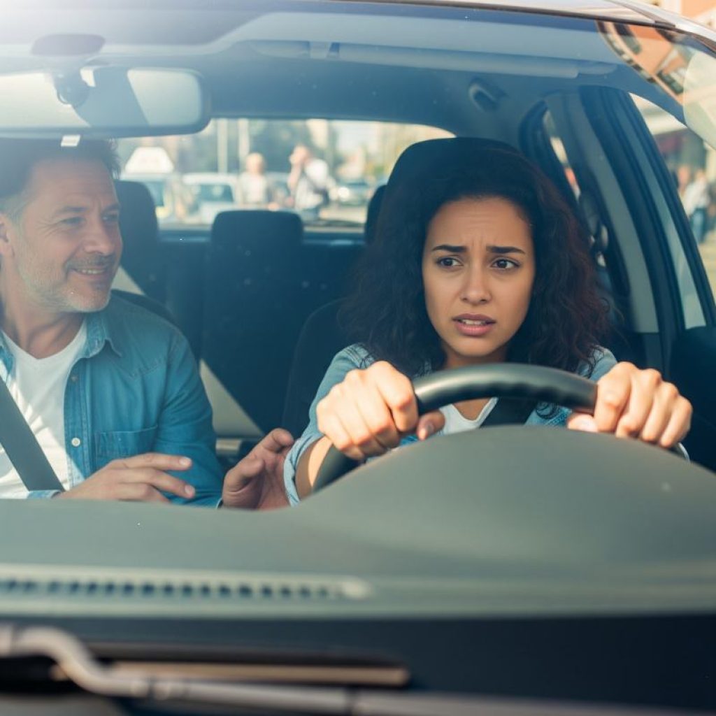 Drivers training near Arlington with nervous student and supportive instructor