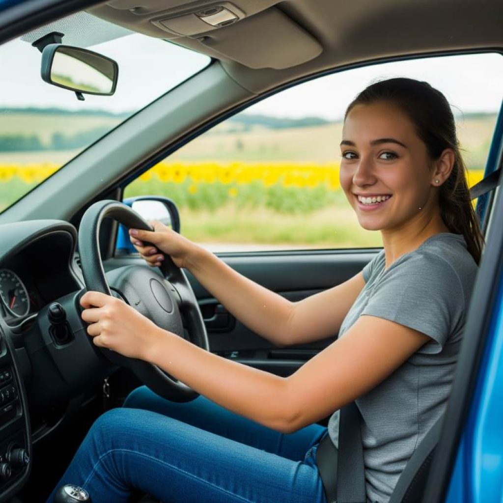 Confident young woman behind the wheel during drivers training near Arlington, TX