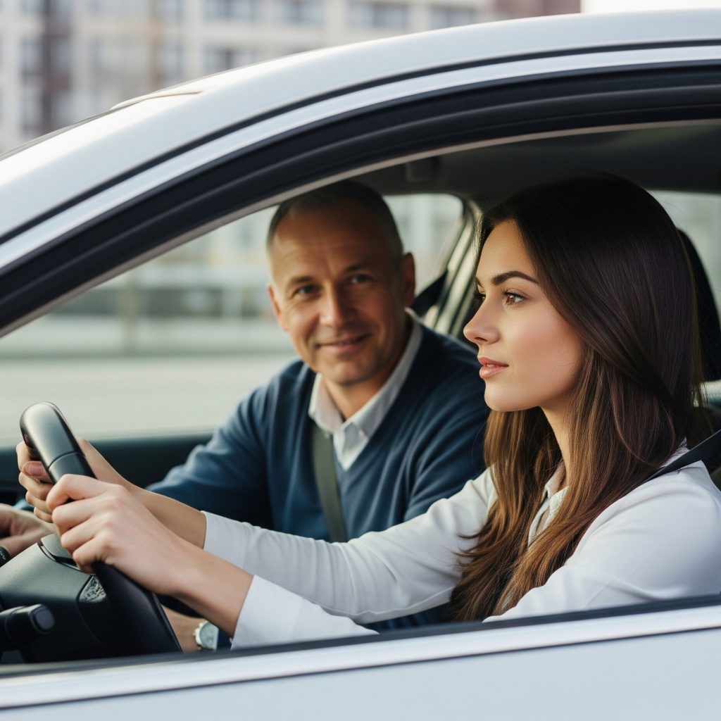 Driving lessons near me with a female learner and instructor in car.