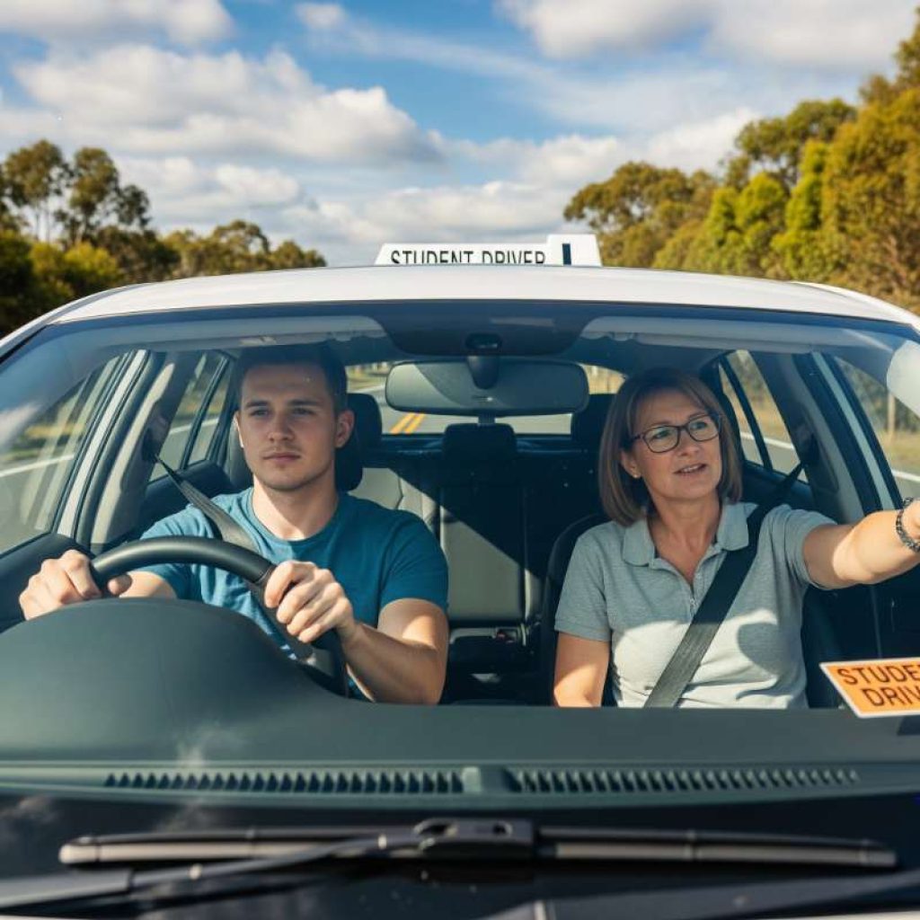 Student driver and instructor in car during drivers education near me.