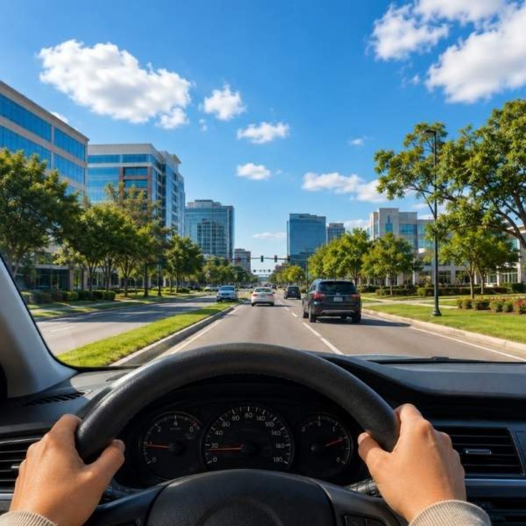 A steering wheel with two hands at the best Road Test in Irving